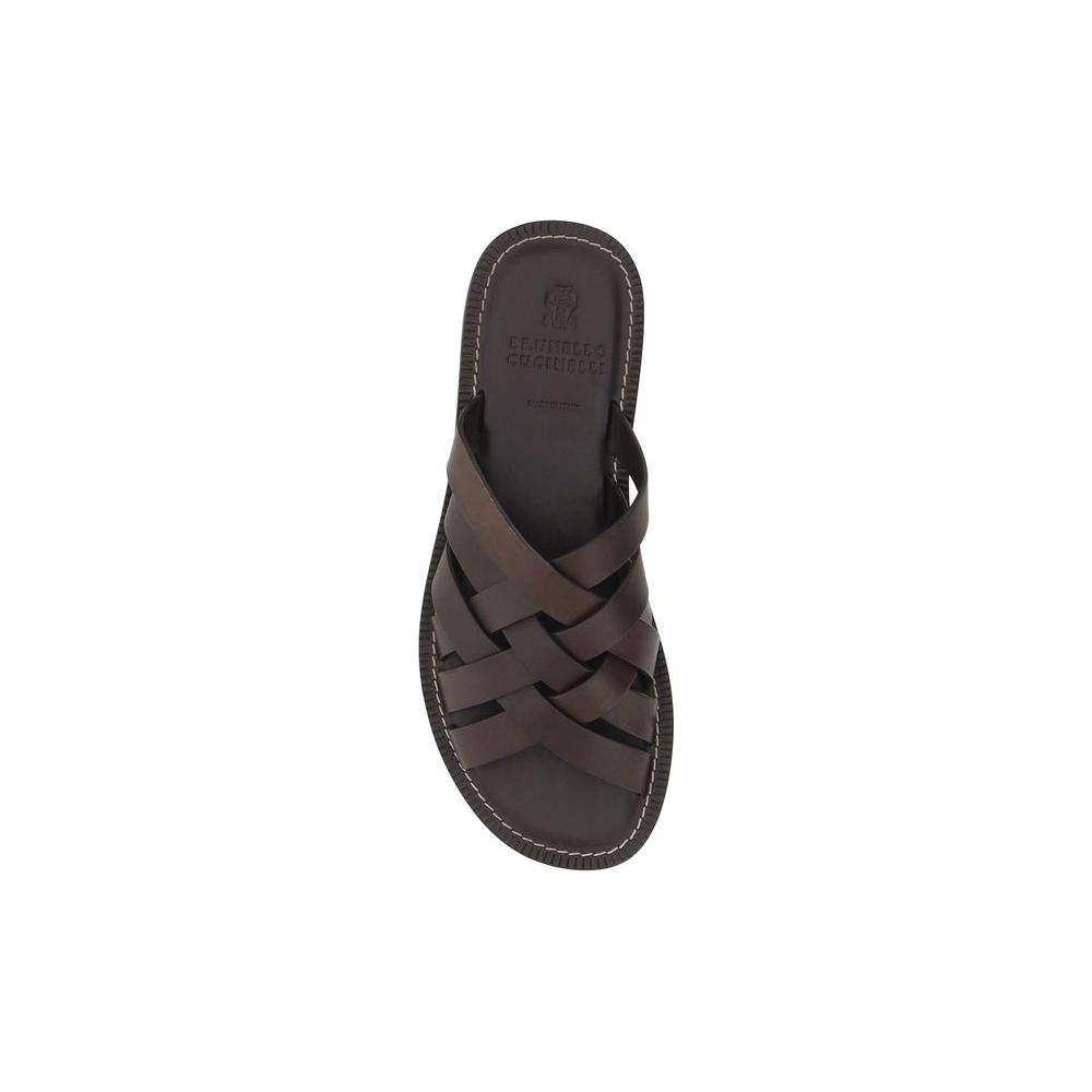 Brunello Cucinelli calfskin sandal with woven upper, leather block heel, and branded insole, top view.