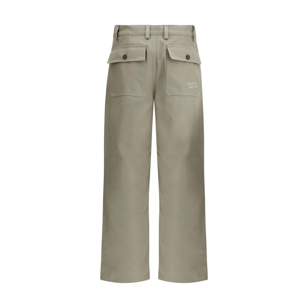 Maison Kitsuné cotton workwear pants with front zipper, button closure, welt pockets, and embroidered monogram, regular fit, monochrome design.