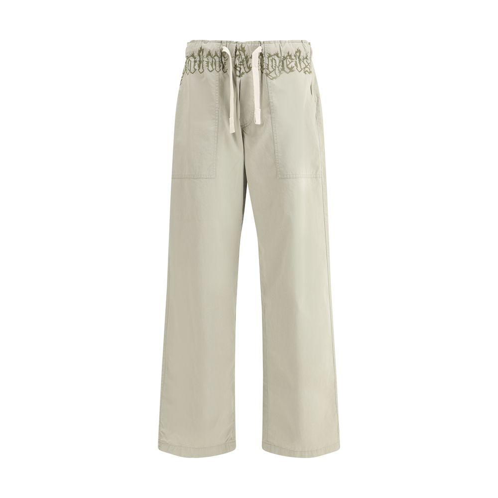 Palm Angels wide-leg cotton waist pants with elasticated drawstring, maxi pockets, and contrasting monogram in beige.