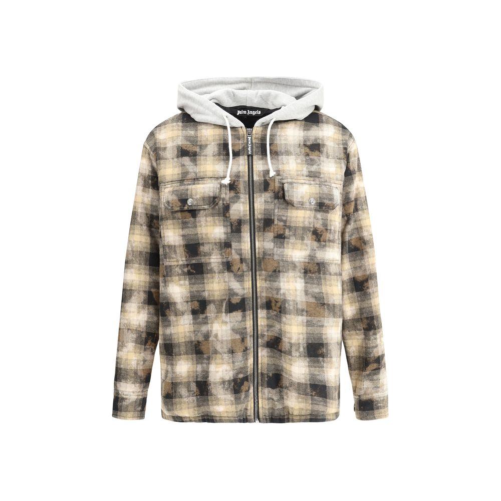 Palm Angels cotton jacket with hood, zip closure, and check pattern. Features quilted lining and oversized fit for comfort and style.