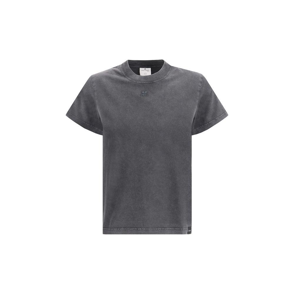 Courrèges cotton T-shirt with ribbed crew neck, monochrome, embroidered logo, regular fit, front view.