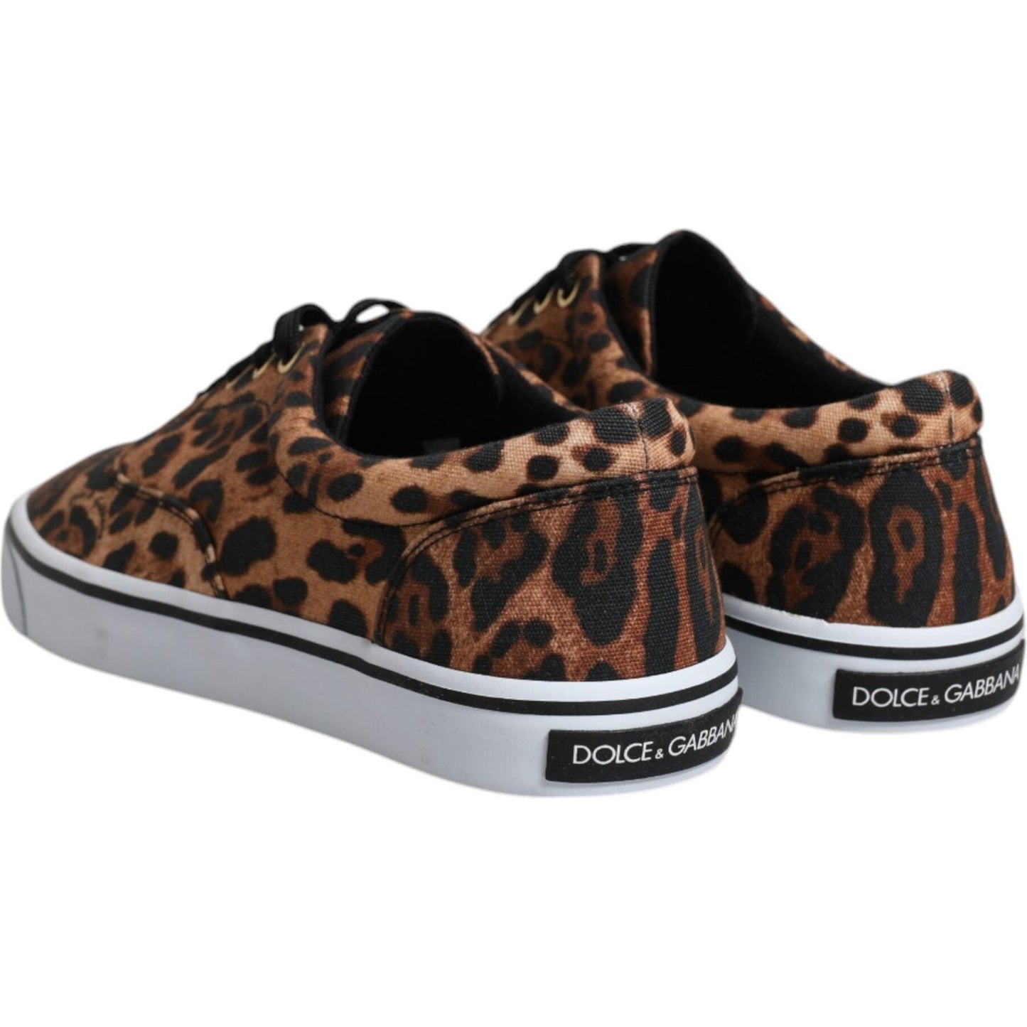 Dolce & Gabbana brown leopard print cotton sneakers with logo detail and lace-up closure, side view of low-top design, made in Italy.