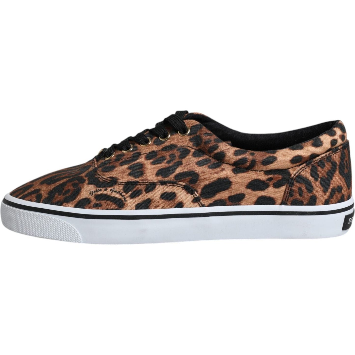 Dolce & Gabbana brown leopard print sneakers with logo, cotton upper, rubber sole, lace-up closure, Italian craftsmanship.