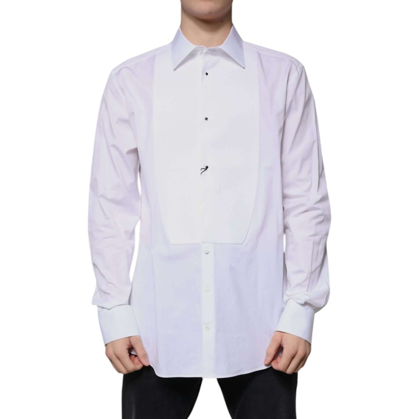 Dolce & Gabbana white bib cotton poplin GOLD formal shirt, slim fit, classic collar, long sleeves, button-down, 100% cotton.