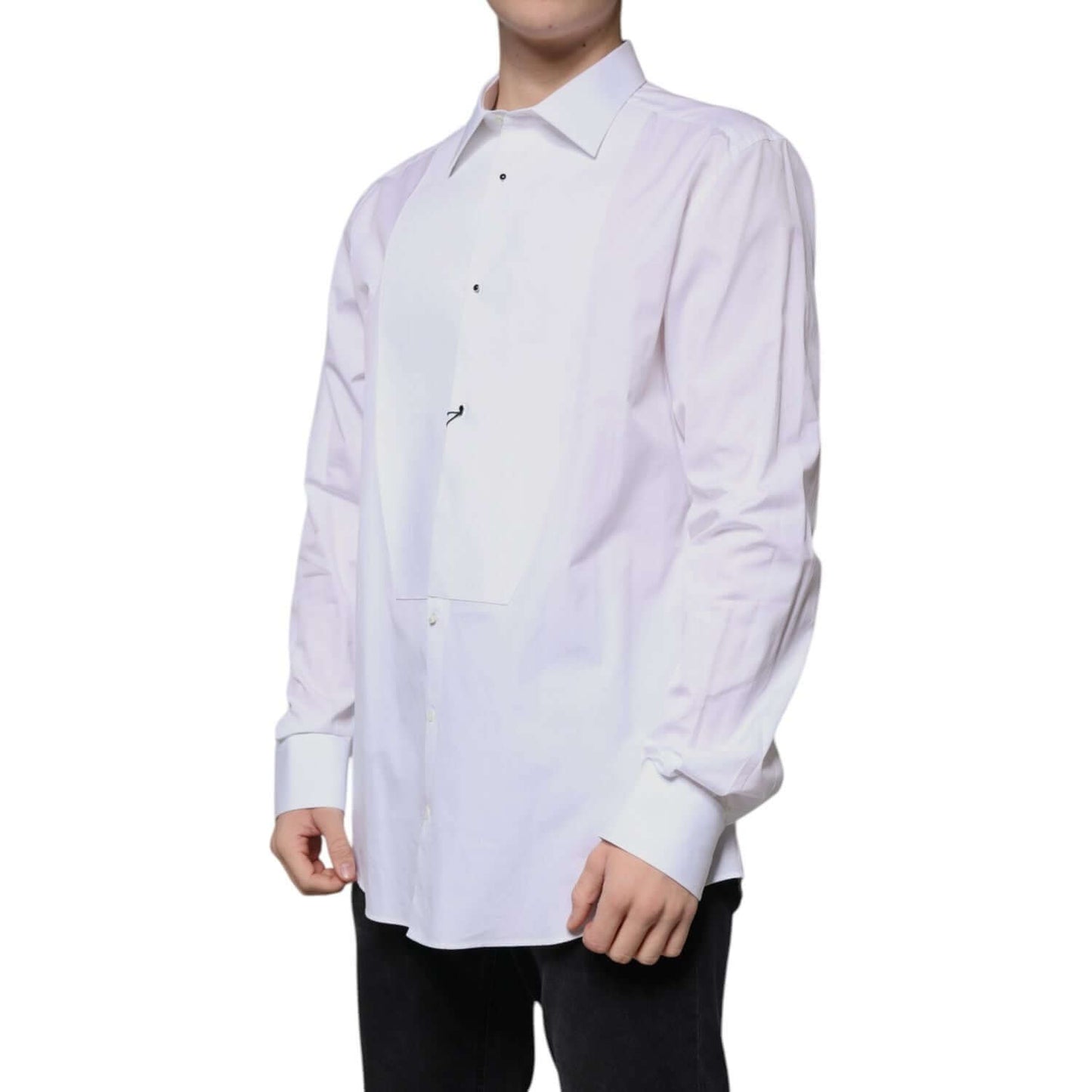 Dolce & Gabbana white bib cotton poplin formal shirt with classic collar and button closure, shown on a model.