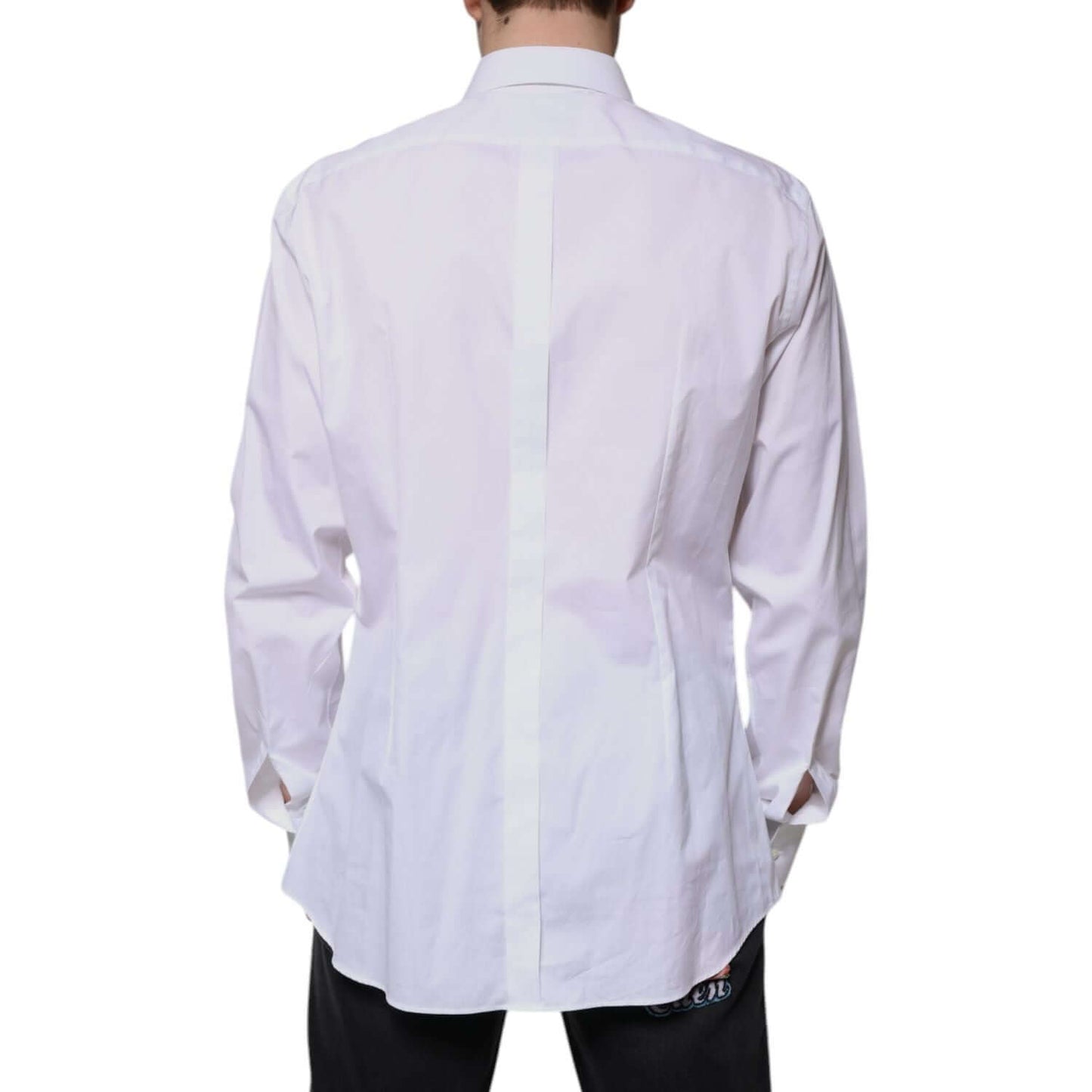 Back view of Dolce & Gabbana white cotton poplin formal shirt, slim fit with long sleeves, classic collar, and button closure.
