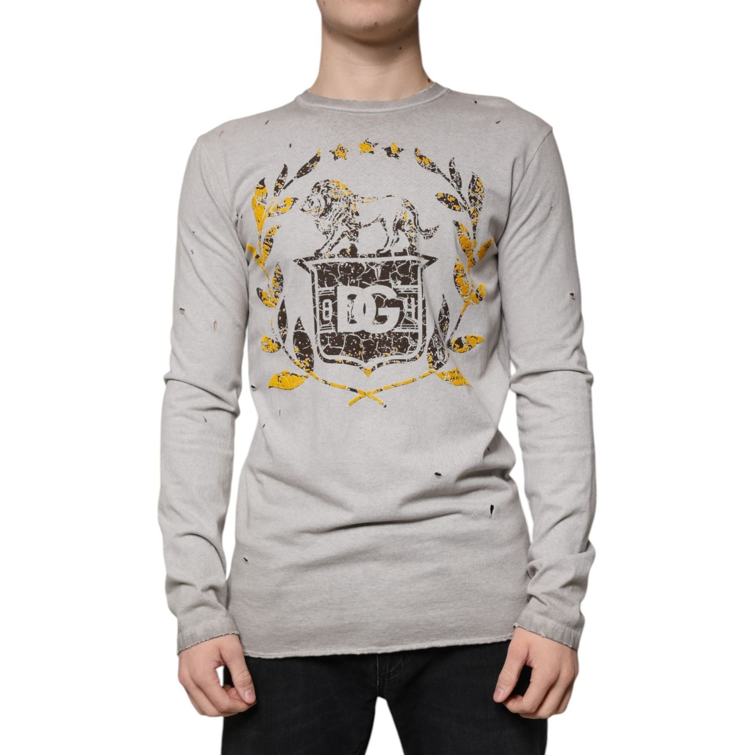 Dolce & Gabbana Gray Printed Cotton Crewneck Pullover Sweater