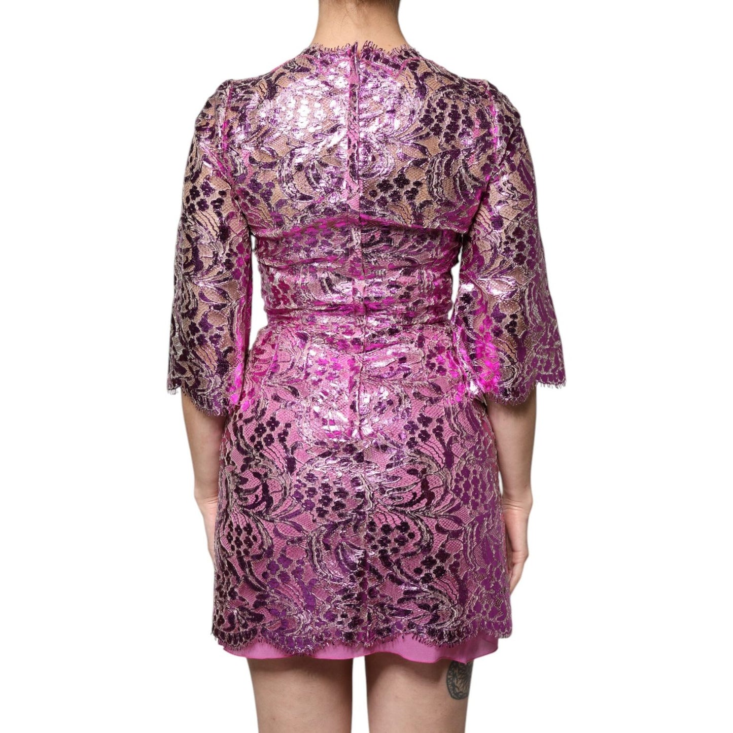 Dolce & Gabbana Metallic Fuchsia Floral Sheath Mini Dress