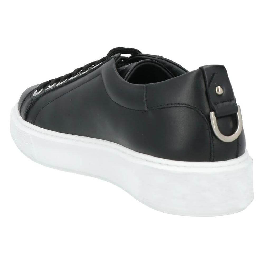 Les Hommes black calfskin men's sneaker with white sole and metal ring detail on the heel, crafted in Italy.