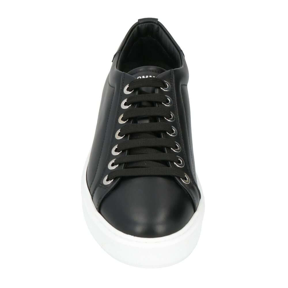 Les Hommes black calfskin men's sneaker with silver logo and white sole, front view