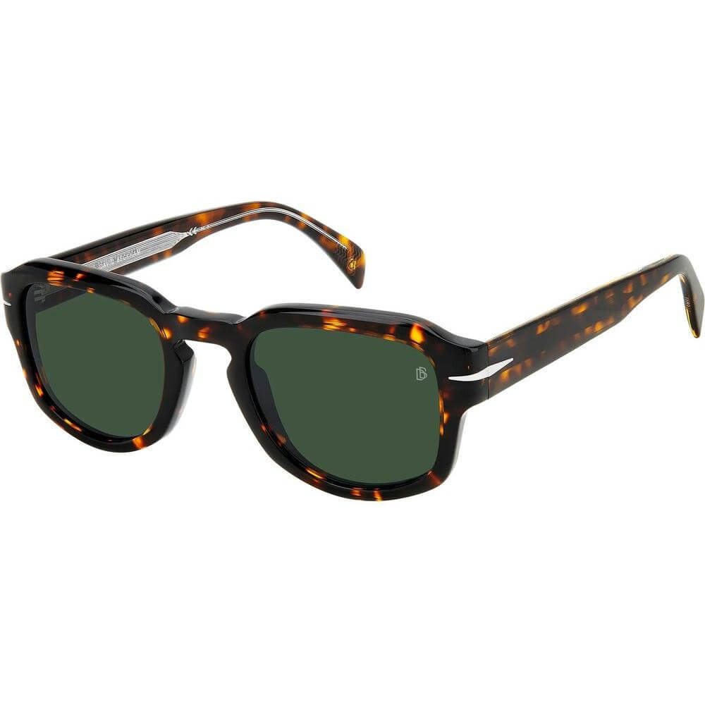 David Beckham brown acetate sunglasses with green lenses, model DB-7098-S-86, featuring a stylish tortoiseshell frame.