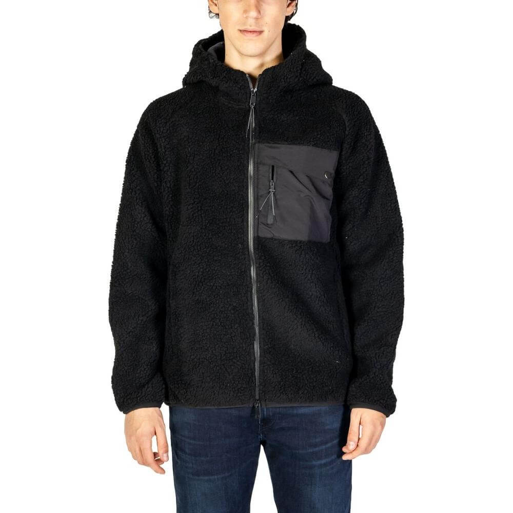 Hydra Clothing black polyester jacket for men, fall/winter collection, featuring a zip front and pocket detailing.