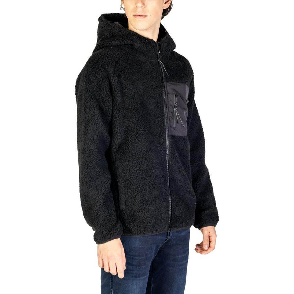 Hydra Clothing black polyester jacket for men, fall winter collection, featuring a hood and zip front.