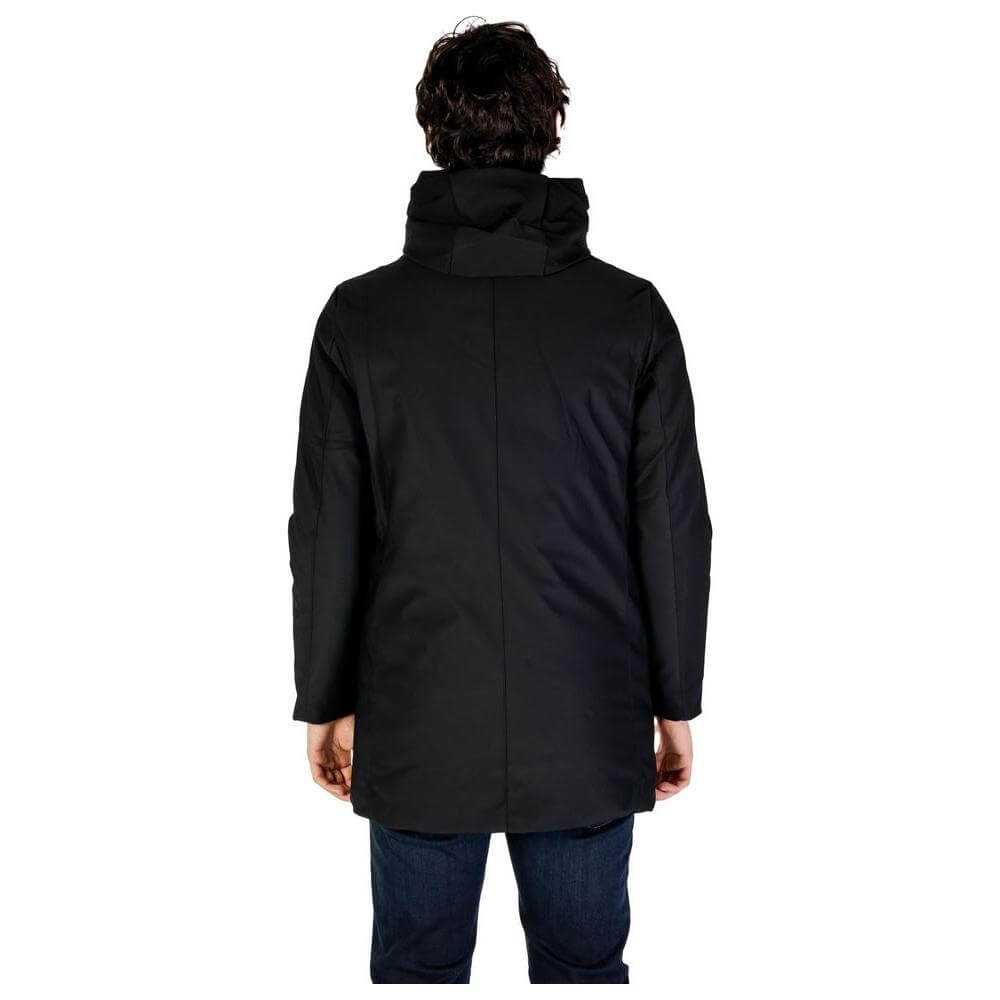 Back view of Hydra Clothing's black nylon jacket, men's fall/winter collection, 78% nylon, 22% polyester.