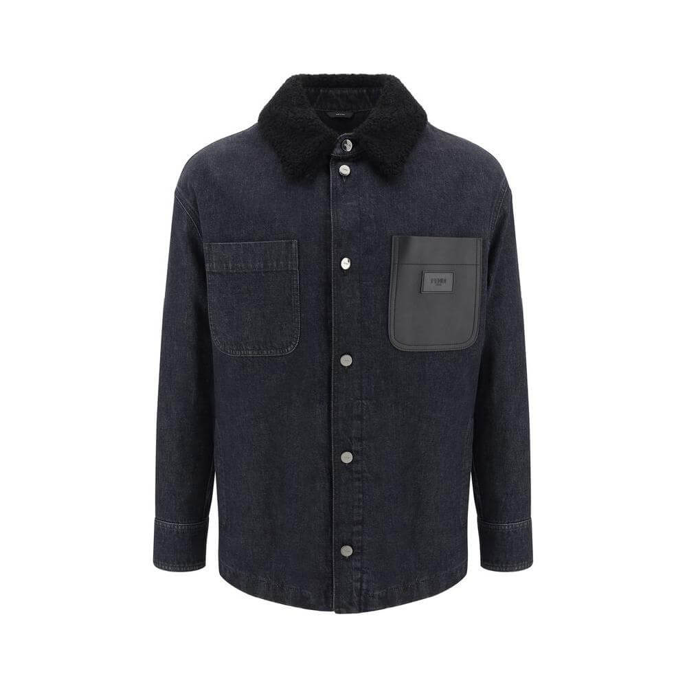 Fendi denim jacket with fur collar, snap-button closure, and logo leather pocket, blending casual style with luxury and sophistication.
