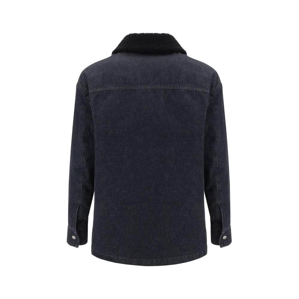 Back view of Fendi denim jacket with fur-trimmed collar, showcasing luxury casual style and sophistication.