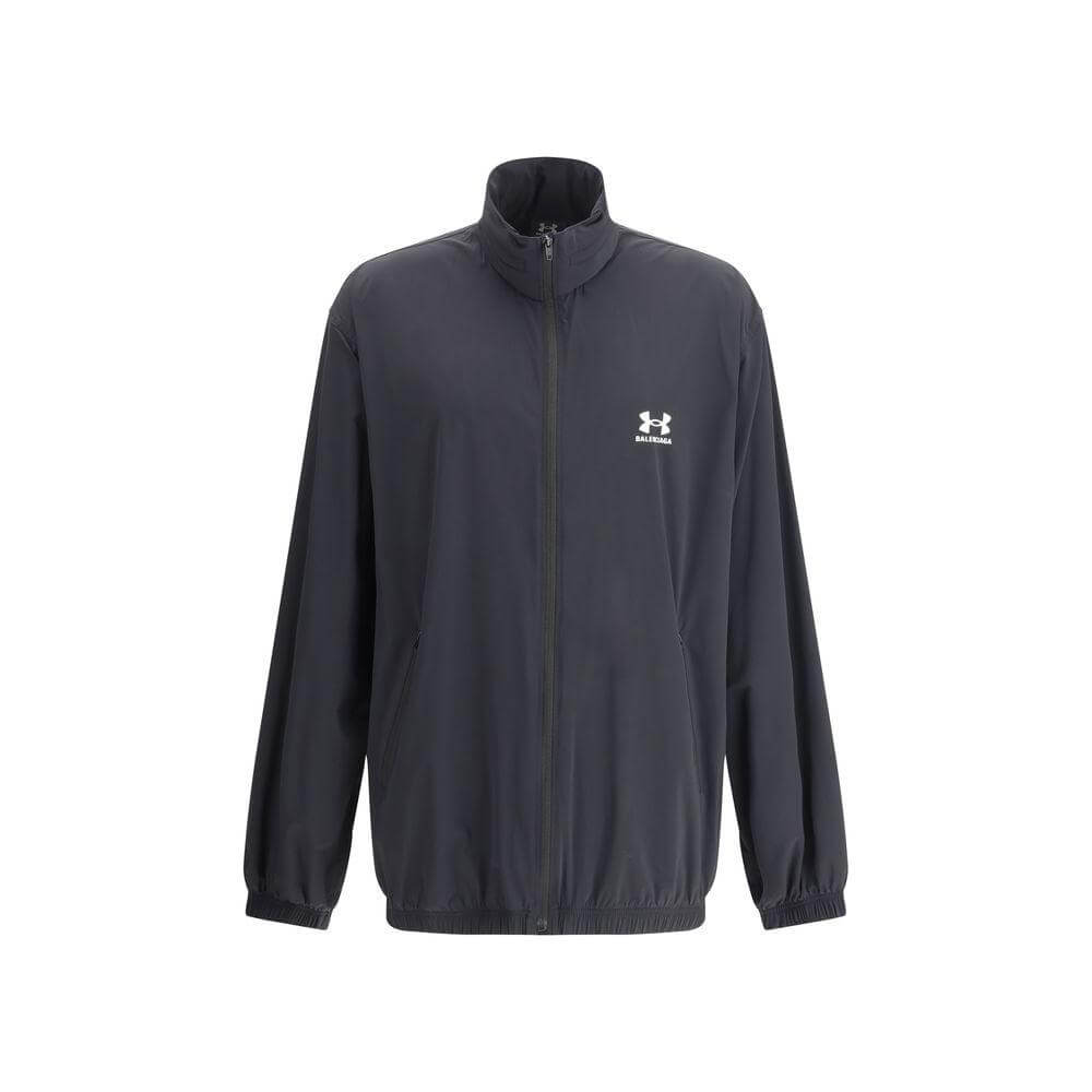 Alt Tag: Black Balenciaga jacket with front zipper, built-in hood, elasticized hem and sleeves, brand monogram, oversize fit.