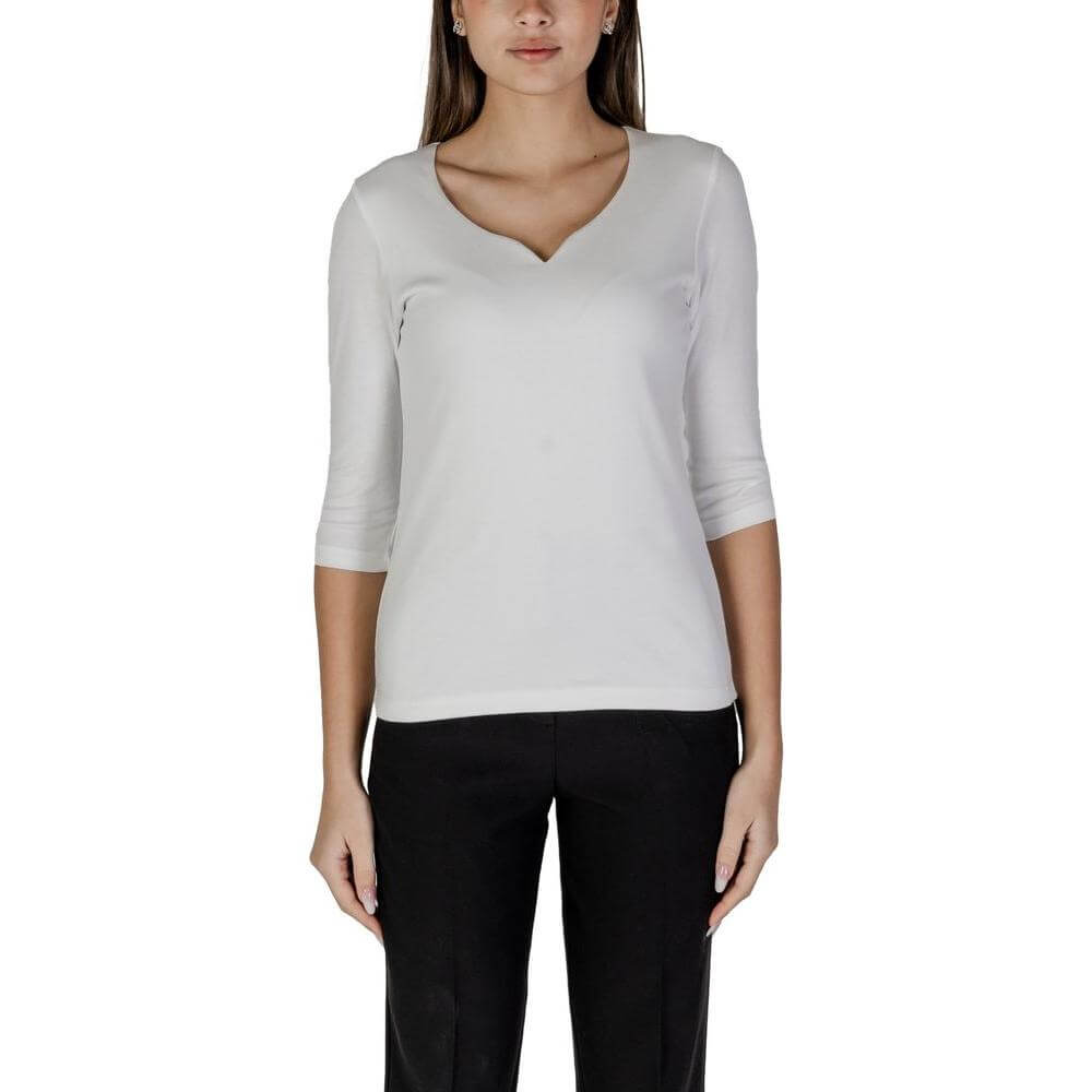 Street One white cotton-modal V-neck short-sleeved t-shirt for women, perfect for spring-summer wardrobe.