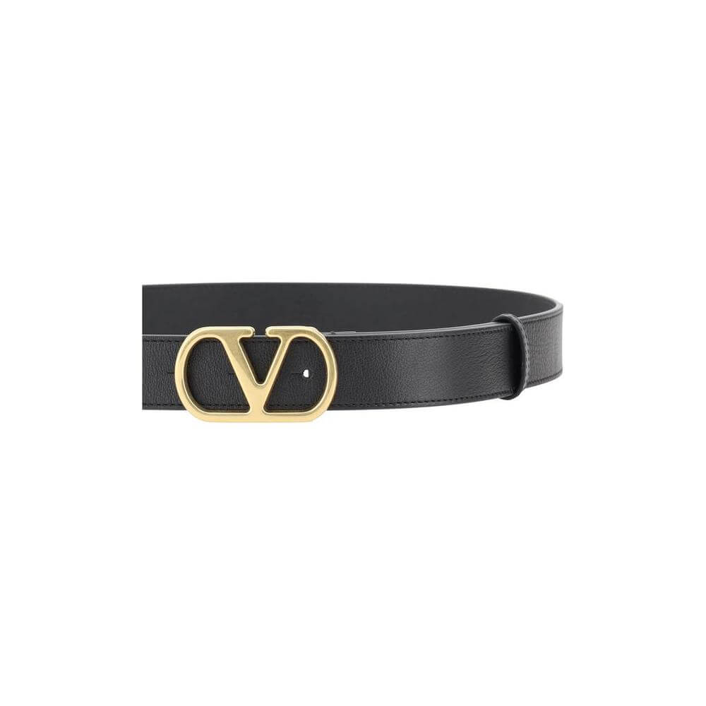 Valentino Garavani VLogo black leather belt with gold buckle, showcasing a sophisticated and stylish design for any outfit.