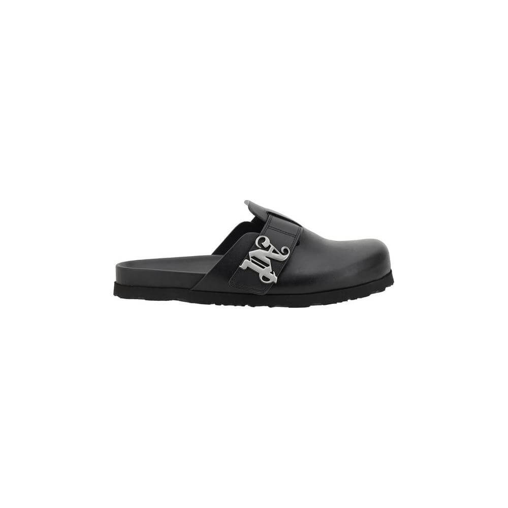 Palm Angels Leather Mules with logo plaque, featuring a round toe, slip-on design, wide strap, and flat sole for comfort and style.