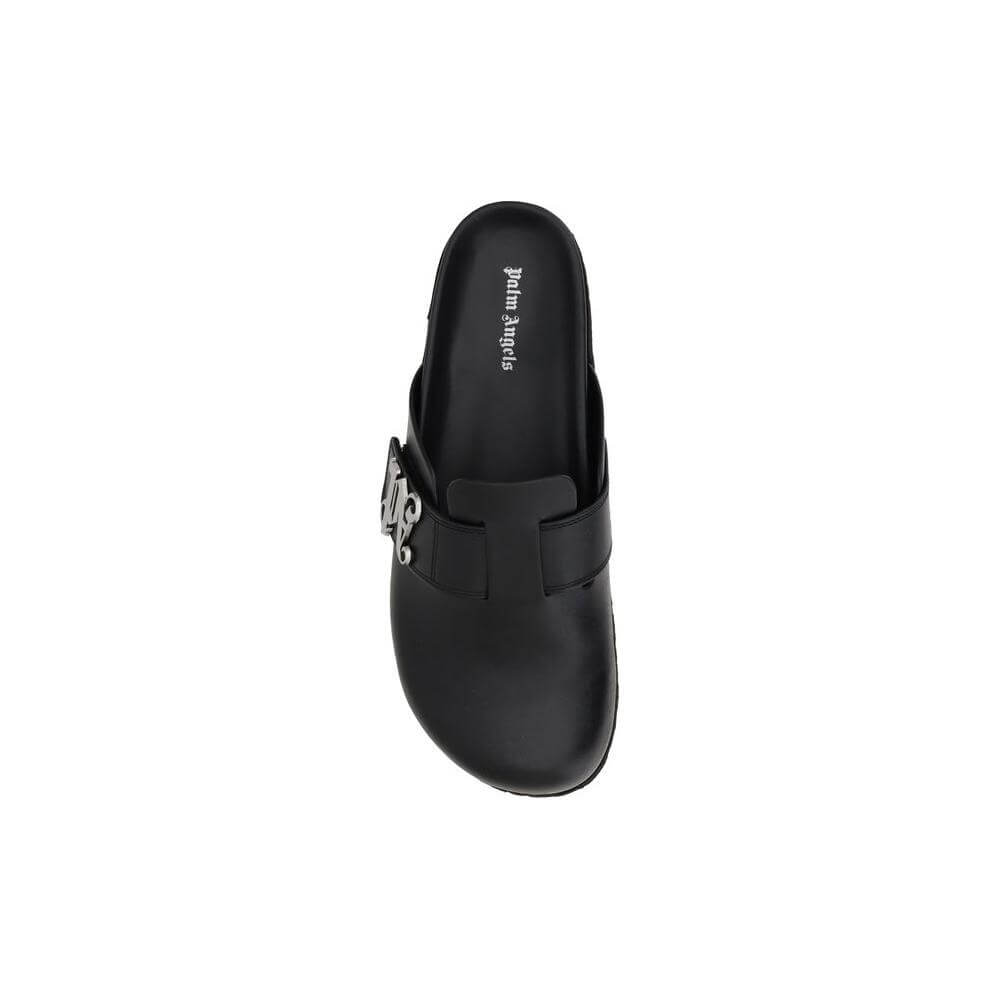 Top view of Palm Angels Leather Mules with wide strap and iconic plaque logo, showcasing slip-on design and branded insole.