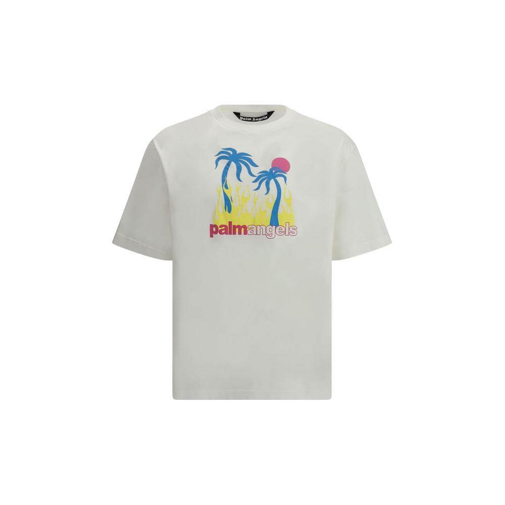 Palm Angels Burning Oasis T-Shirt with multicolored palm tree print and ribbed crew neck, featuring iconic monogram design.