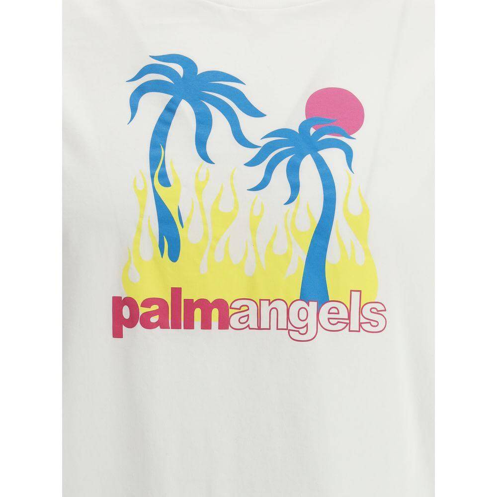 Palm Angels Burning Oasi T-Shirt with vibrant palm tree and flame print, featuring distinctive brand monogram on soft cotton fabric.