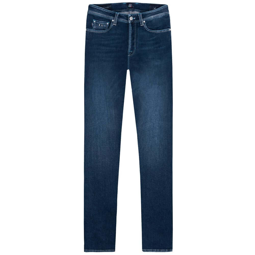 Tramarossa blue cotton men's jeans with stretch, featuring five-pocket design and suede patch with logo, showcasing Italian tailoring.