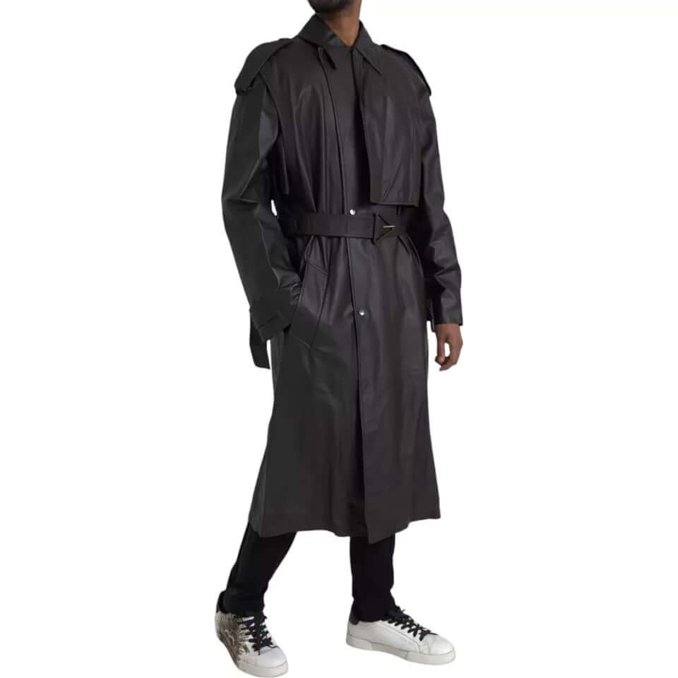 Bottega Veneta black leather waterproof trench coat jacket for men, 100% calf leather, made in Italy, full button closure, logo details