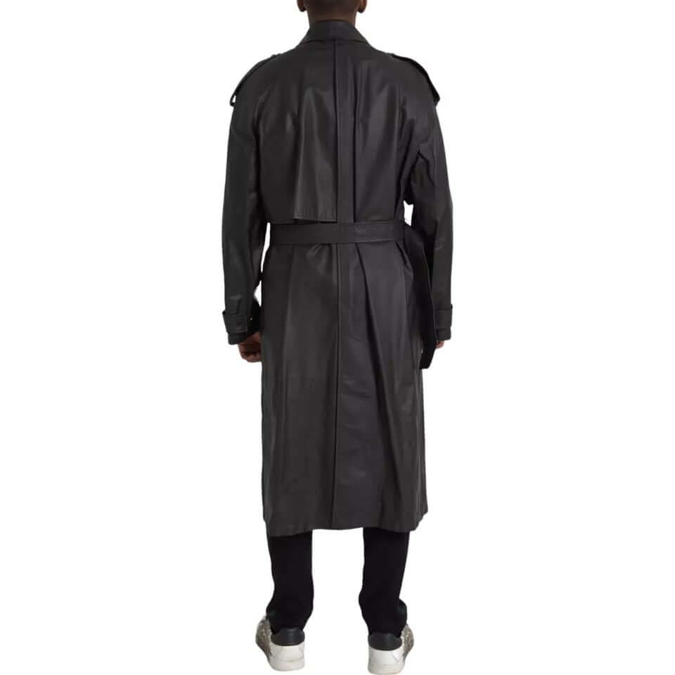 Back view of a Bottega Veneta black leather men's waterproof trench coat jacket, showcasing full-length design and button details.