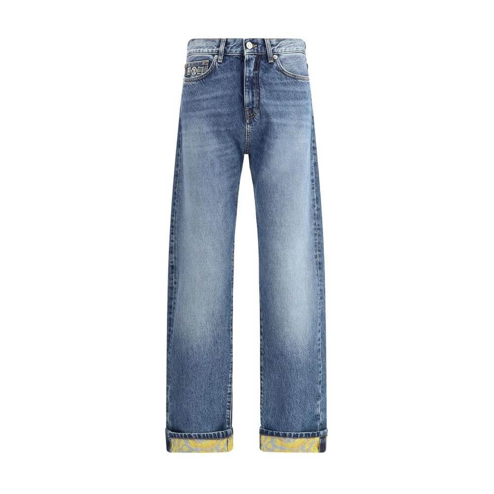 Versace Barocco Turn-Up Jeans featuring high waist, zipper closure, and luxury Barocco-patterned cuffs.