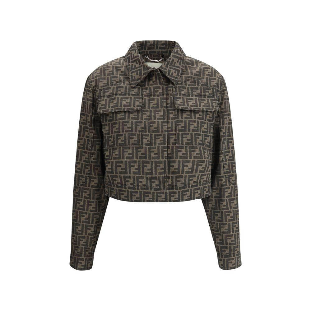 Cropped Fendi FF logo jacket with classic collar and front snap closure, featuring a bold modern design and streetwear luxury style.