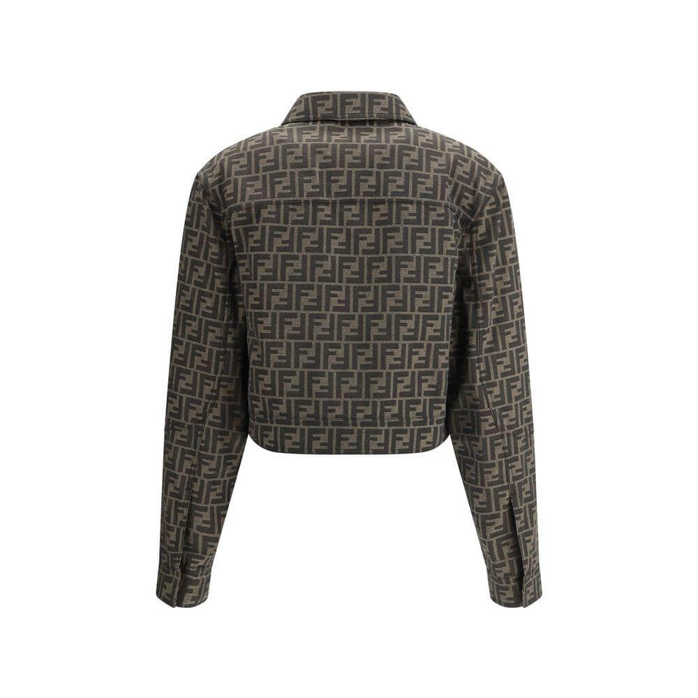Back view of Fendi FF logo cropped jacket with classic collar and contemporary design featuring front patch pockets and snap closure.
