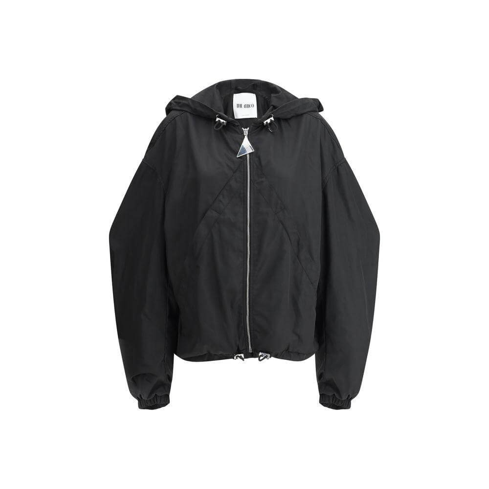 The Attico Nylon Windbreaker Jacket with hood, front zipper, adjustable hem, and two side welt pockets for stylish weather protection.