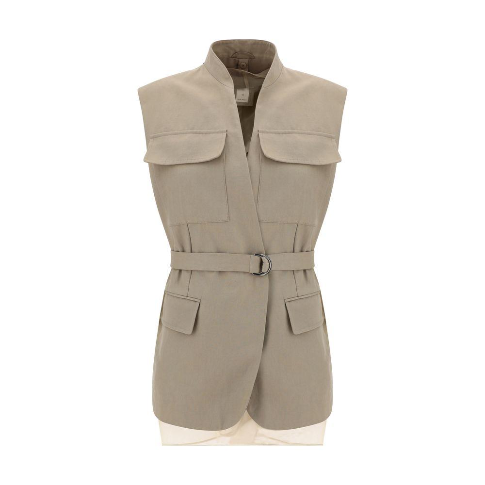 Brunello Cucinelli cotton gilet with high collar, flap pockets, and adjustable belt.