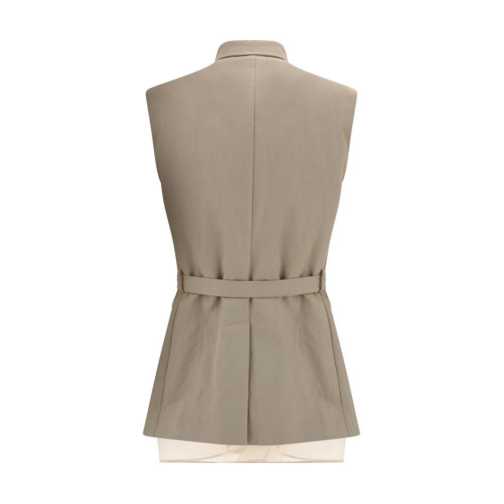 Back view of Brunello Cucinelli cotton vest with high collar, adjustable belt, and monochrome design.
