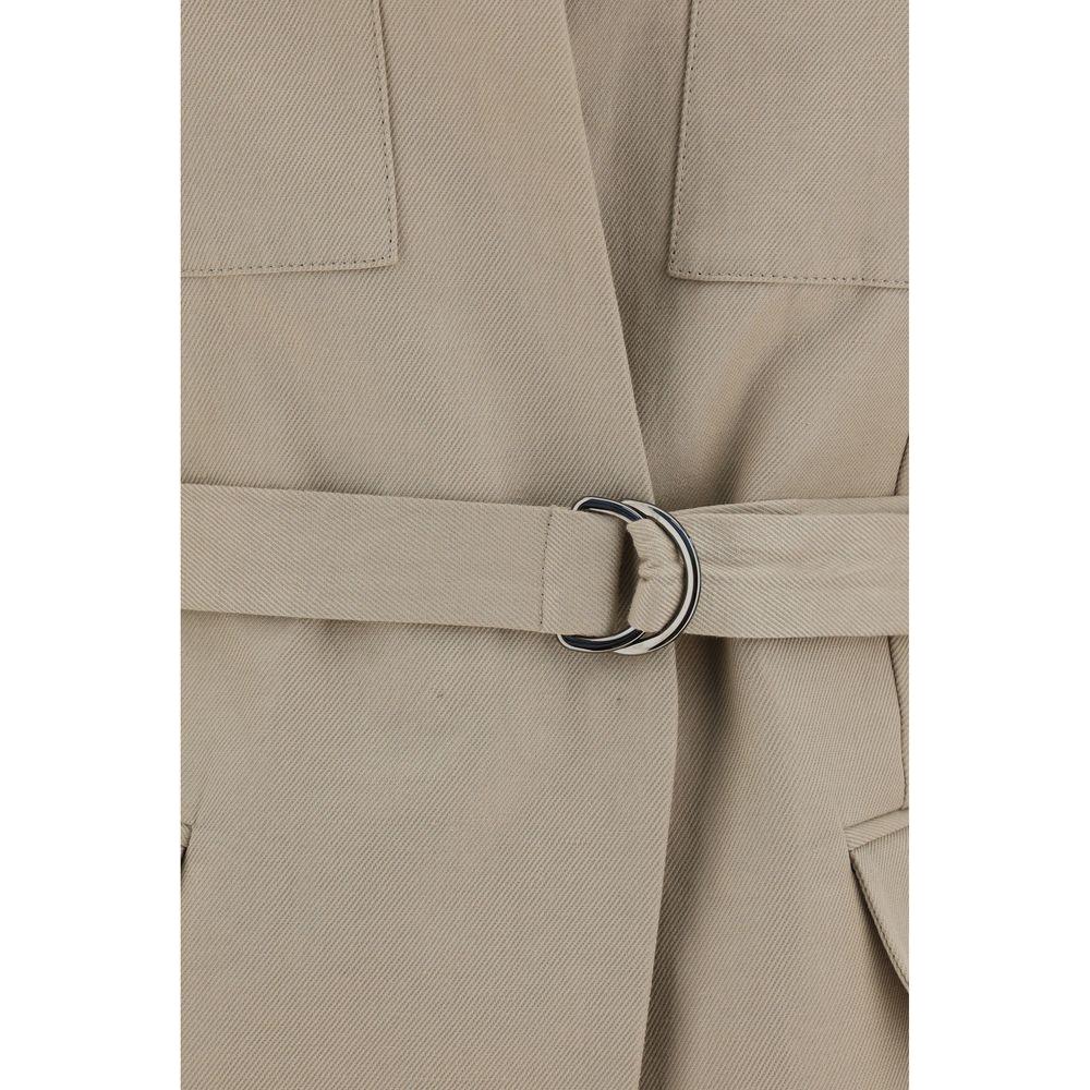 Brunello Cucinelli cotton gilet with high collar, concealed snap closure, front pockets, and adjustable belt in beige fabric.