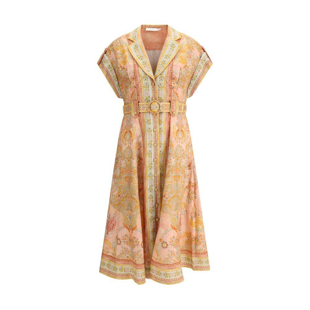 Zimmermann Acacia Linen Midi Dress with floral pattern, lapels, floral buttons, patch pockets, adjustable belt, short sleeves, wide skirt.