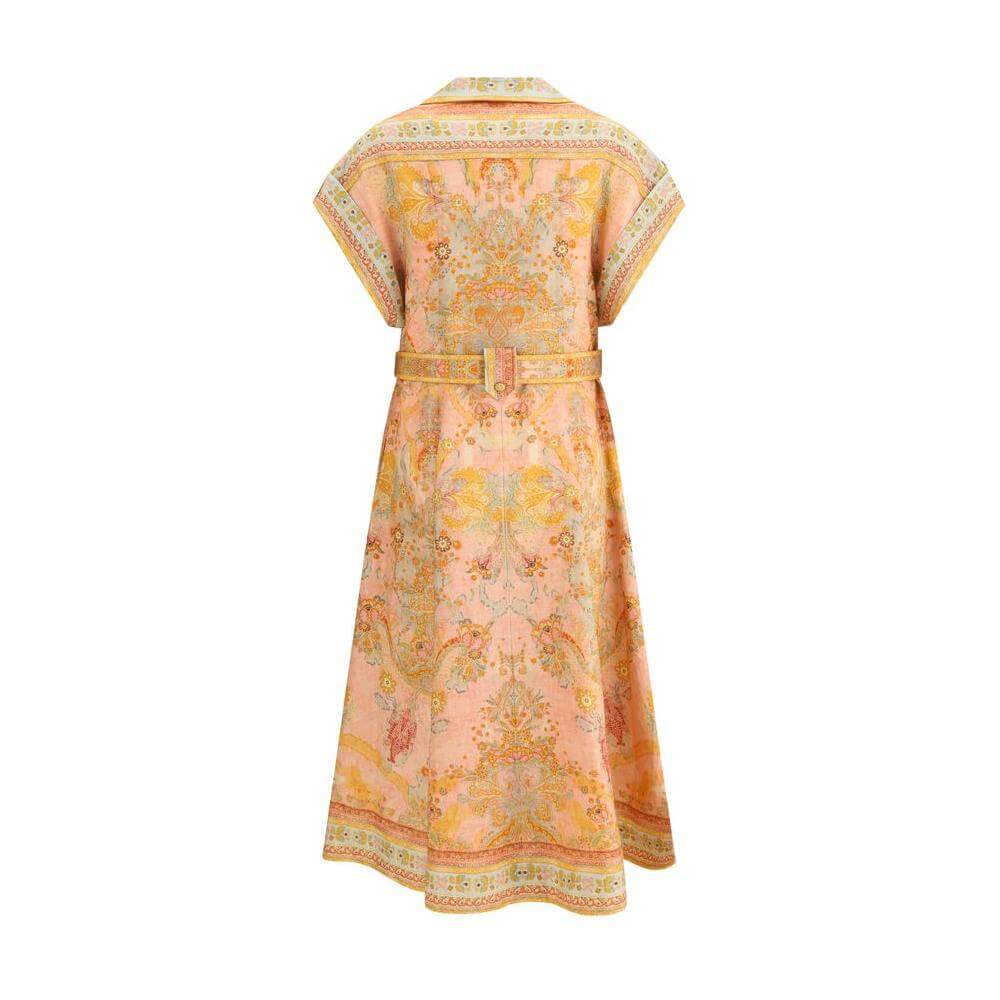 Zimmermann Acacia Midi Dress in floral pattern, back view with short sleeves, lapels, and matching belt, ideal for a classic look.