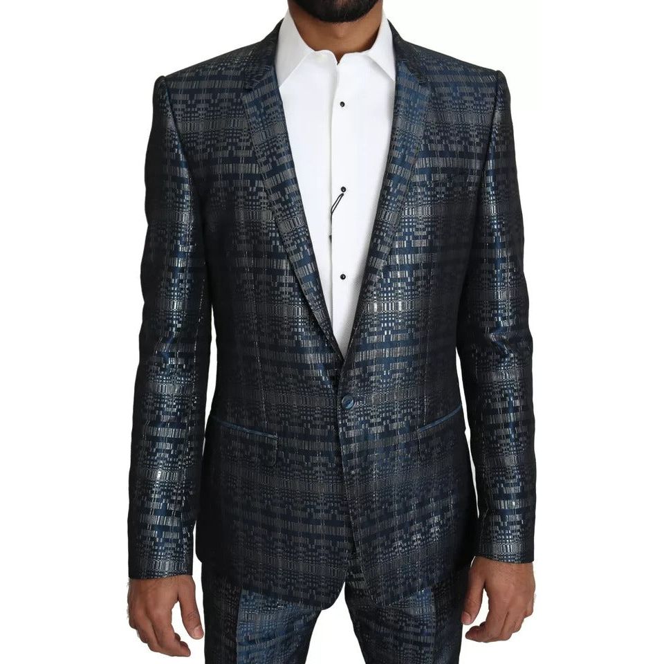 Dolce & Gabbana Blue Silver Shiny 2 Piece Slim GOLD Suit