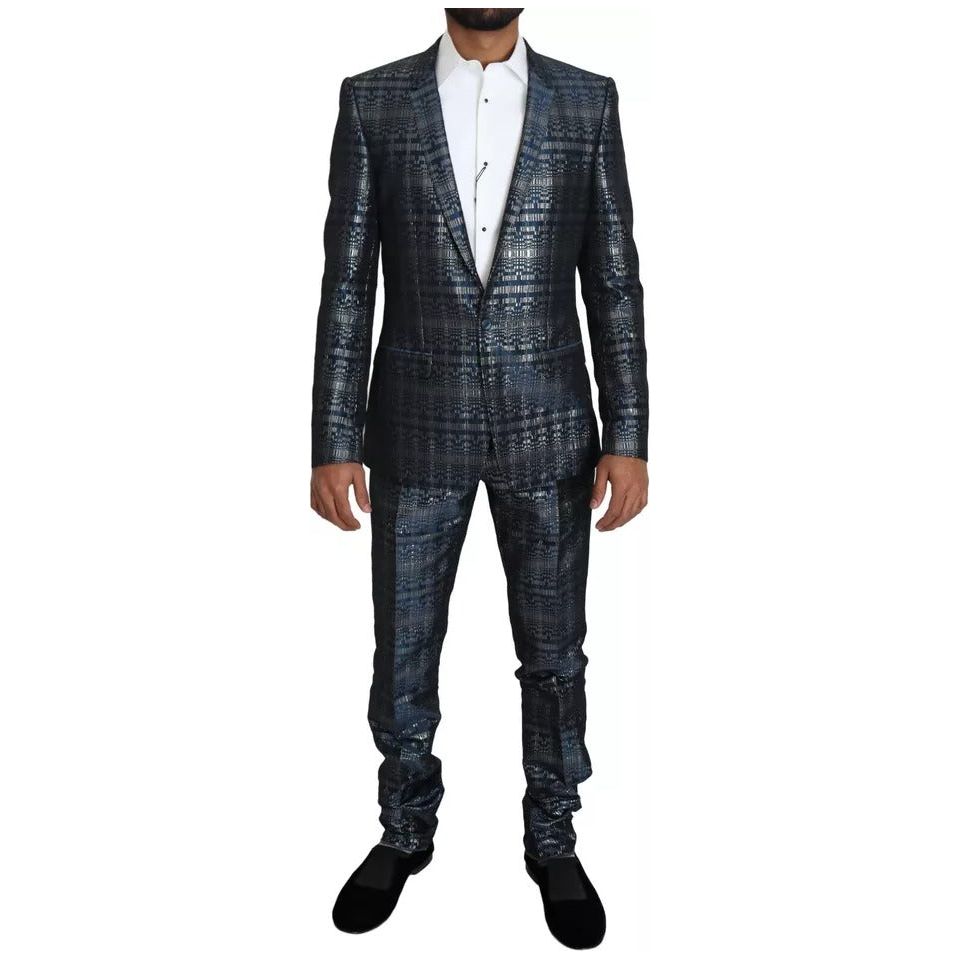 Dolce & Gabbana Blue Silver Shiny 2 Piece Slim GOLD Suit