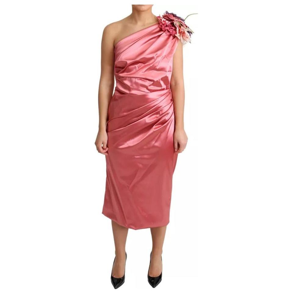 Dolce & Gabbana Pink Draped Midi Flower Applique Dress