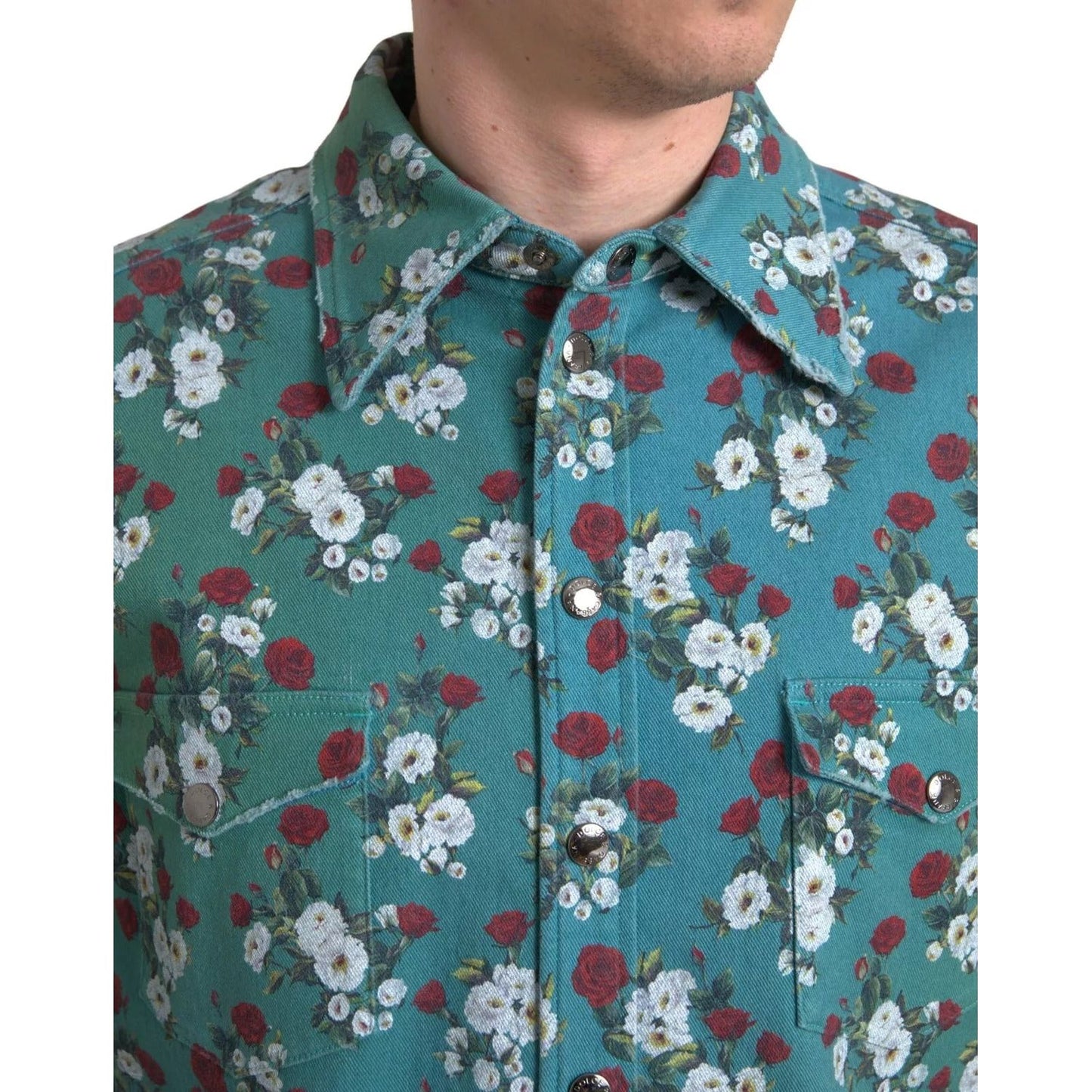 Dolce & Gabbana Blue Floral Cotton Button Down Denim Shirt TSH84198-39