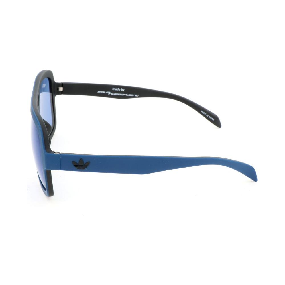 Side view of Adidas blue plastic sunglasses with black temples, model AOR011-021009, featuring a 54/19/140mm frame size and protection level 2.