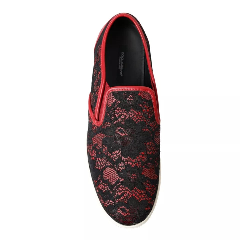Dolce & Gabbana Black Red Lace Slip On Low Top Sneakers Shoes LA10486-40