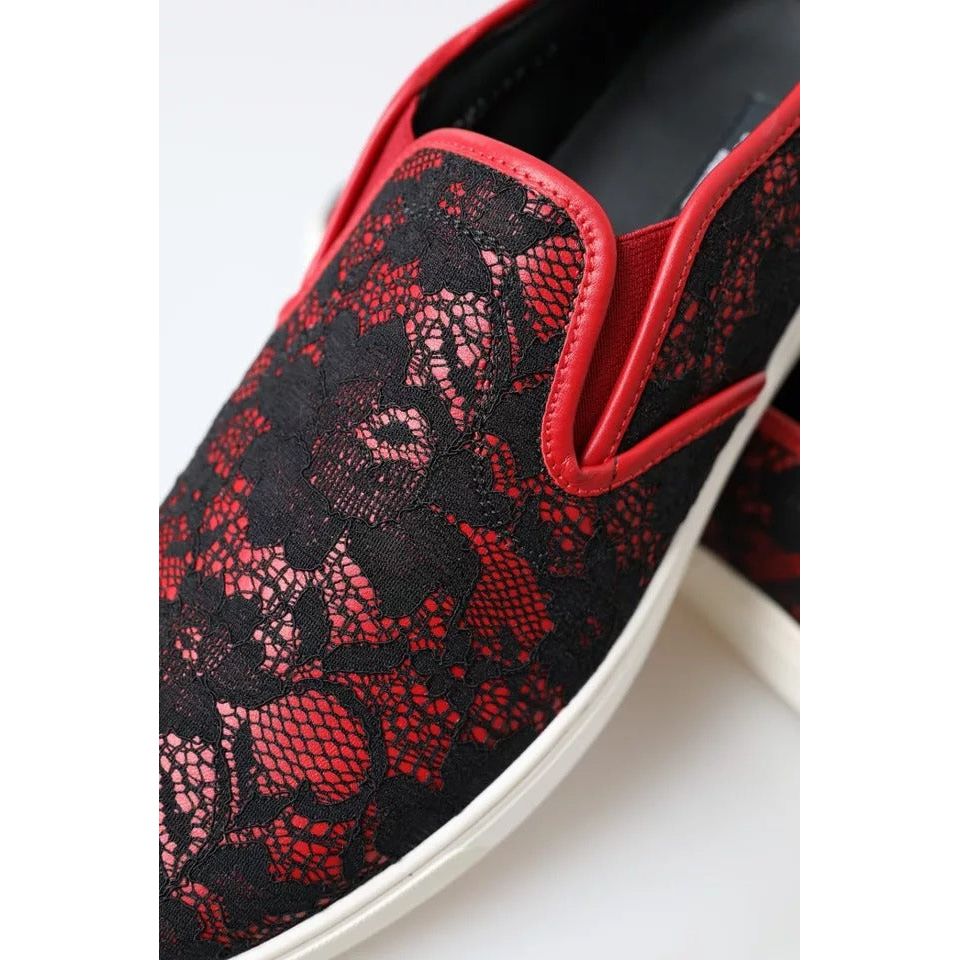 Dolce & Gabbana Black Red Lace Slip On Low Top Sneakers Shoes LA10486-40