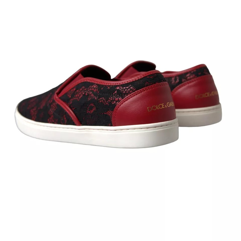 Dolce & Gabbana Black Red Lace Slip On Low Top Sneakers Shoes LA10486-40