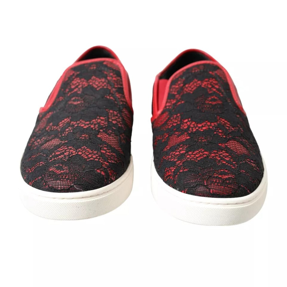 Dolce & Gabbana Black Red Lace Slip On Low Top Sneakers Shoes LA10486-40