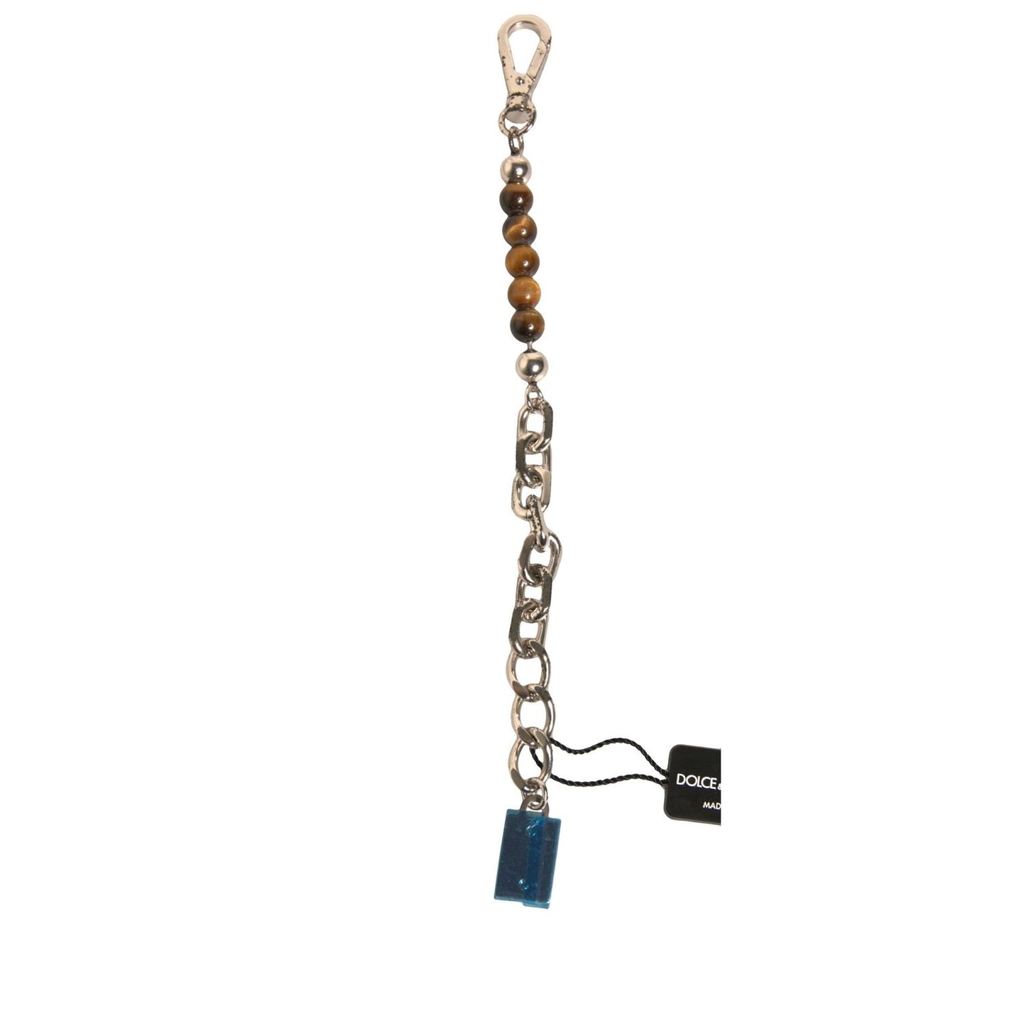 Dolce & Gabbana Silver Brass Chain Beaded Logo Plaque Keychain Keyring SMY10575