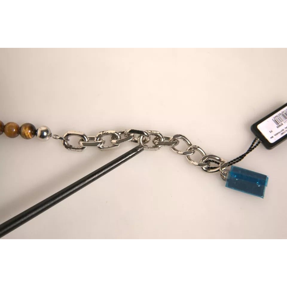 Dolce & Gabbana Silver Brass Chain Beaded Logo Plaque Keychain Keyring SMY10575